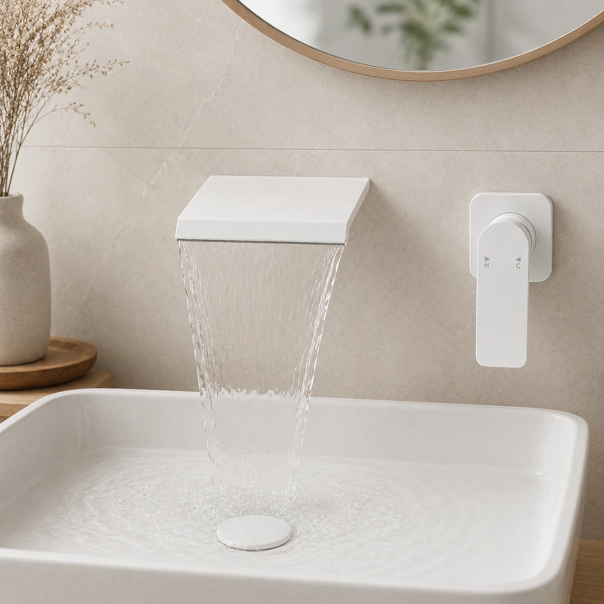 Robinet lavabo salle de bain mural encastrable cascade - Blanc - Laiton
