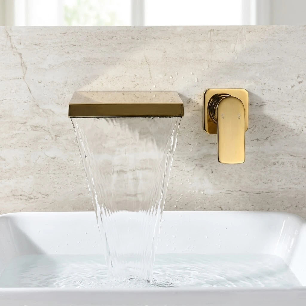 Robinet lavabo salle de bain mural encastrable cascade - Doré - Laiton