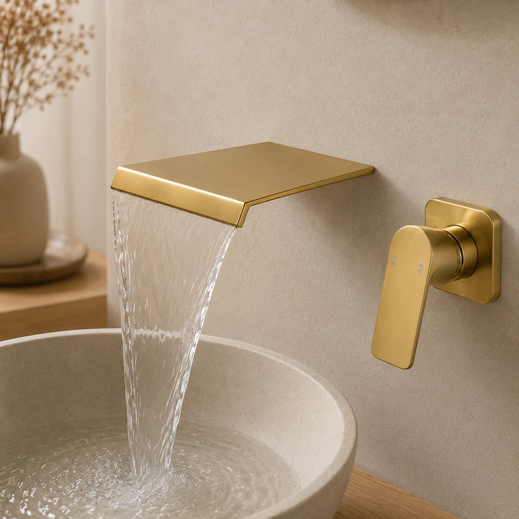 Robinet lavabo salle de bain mural encastrable cascade - Doré - Laiton