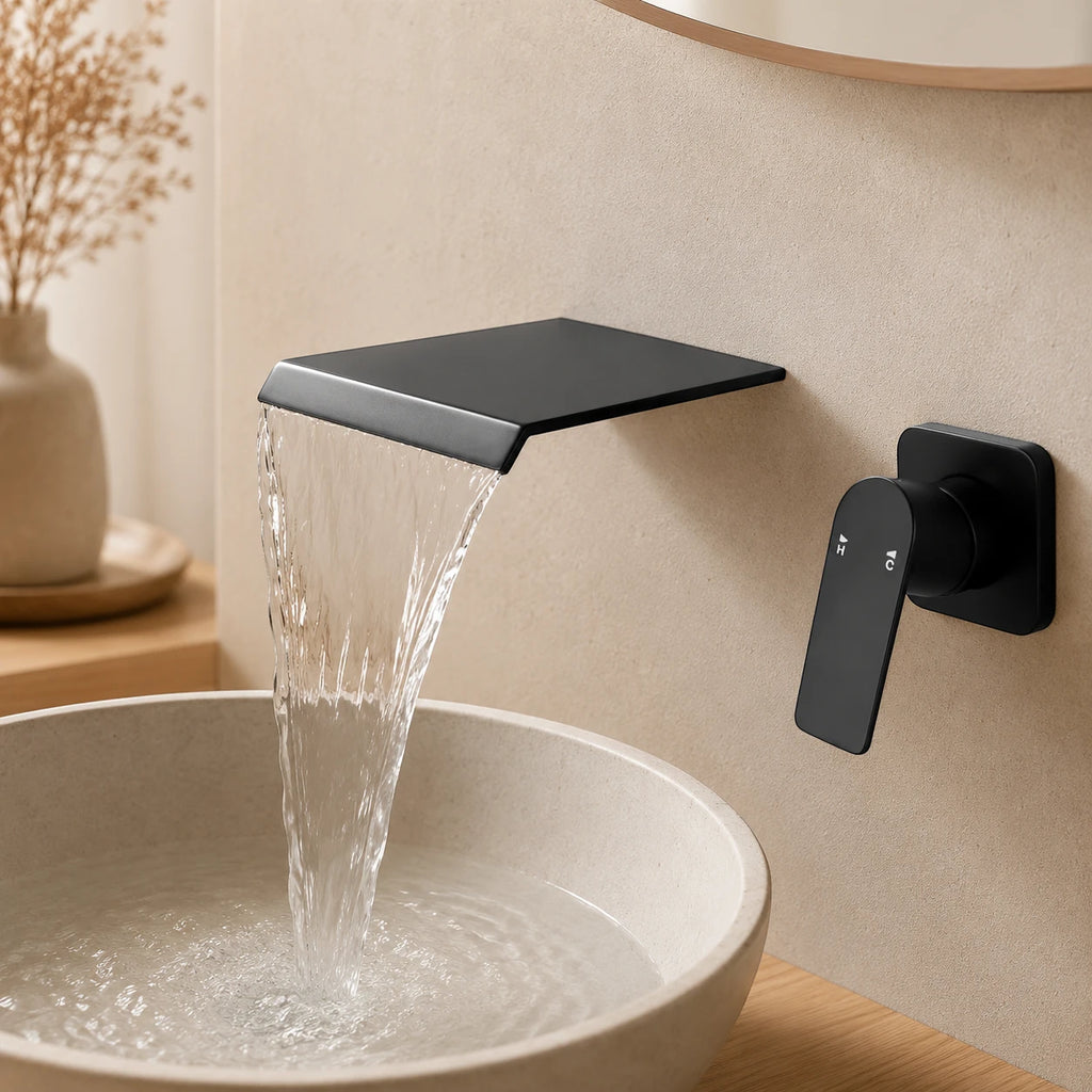Robinet lavabo salle de bain mural encastrable cascade - Noir - Laiton