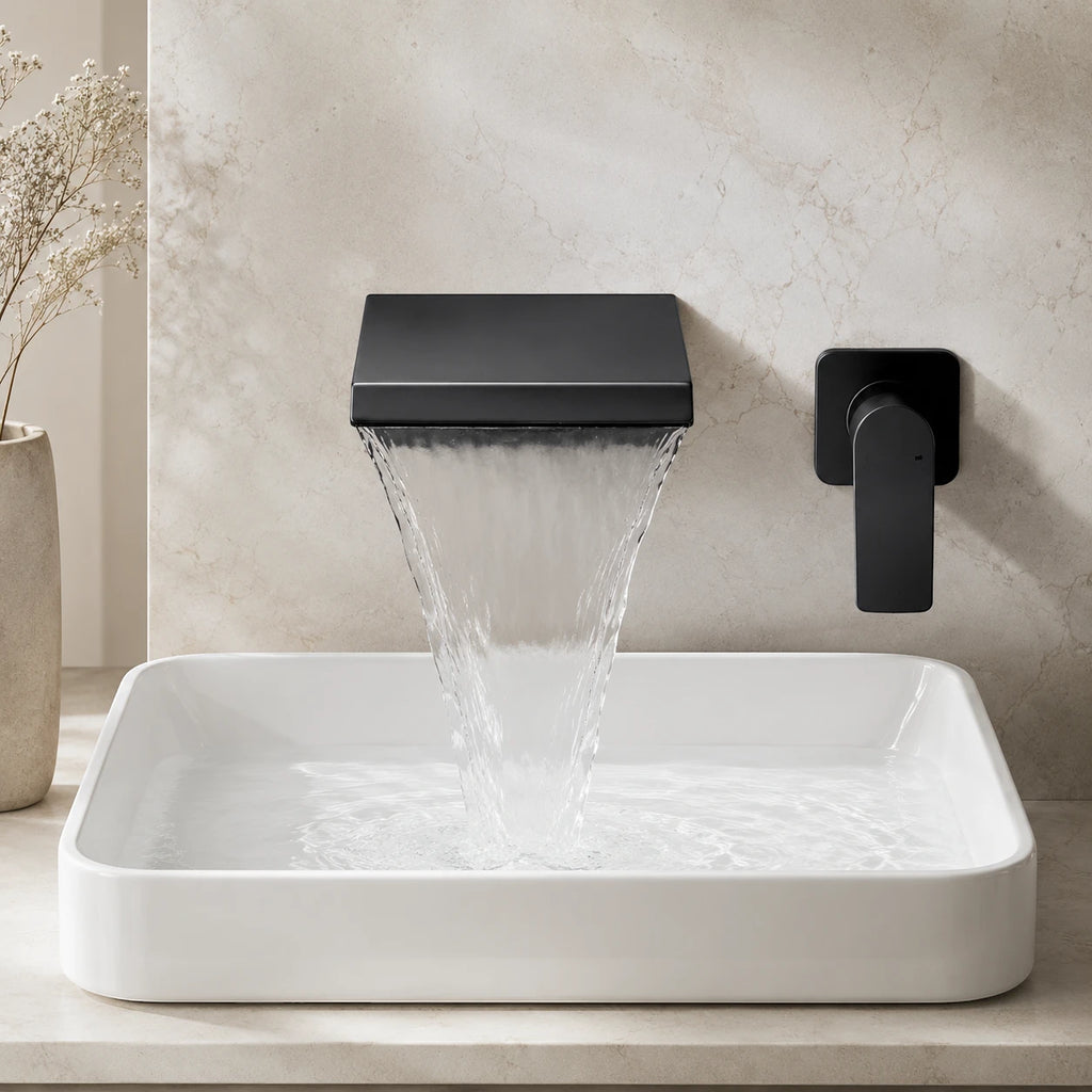 Robinet lavabo salle de bain mural encastrable cascade - Noir - Laiton