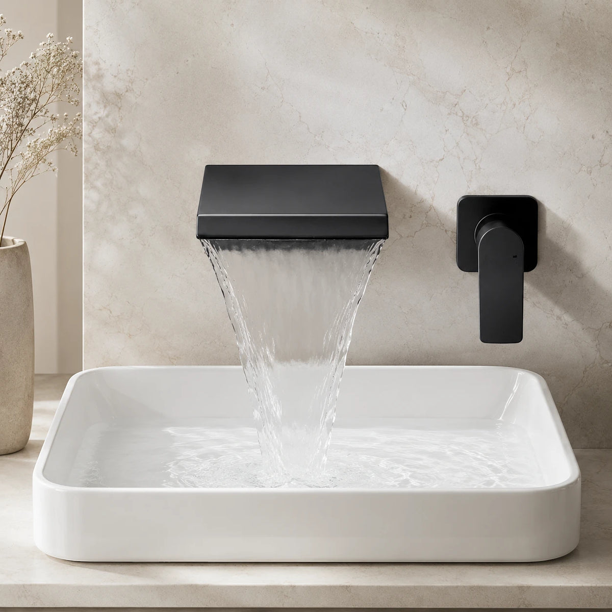 Robinet lavabo salle de bain mural encastrable cascade - Noir - Laiton