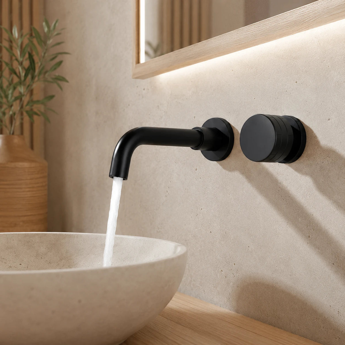 Robinet lavabo salle de bain mural encastrable mitigeur molette - Noir  - Laiton