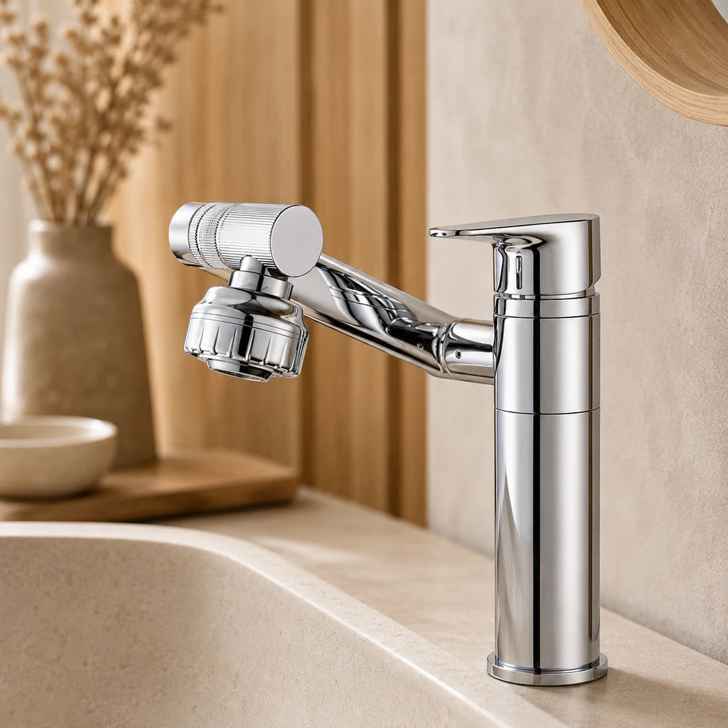 Robinet lavabo salle de bain pivotant rotatif multijet - Argenté - Laiton