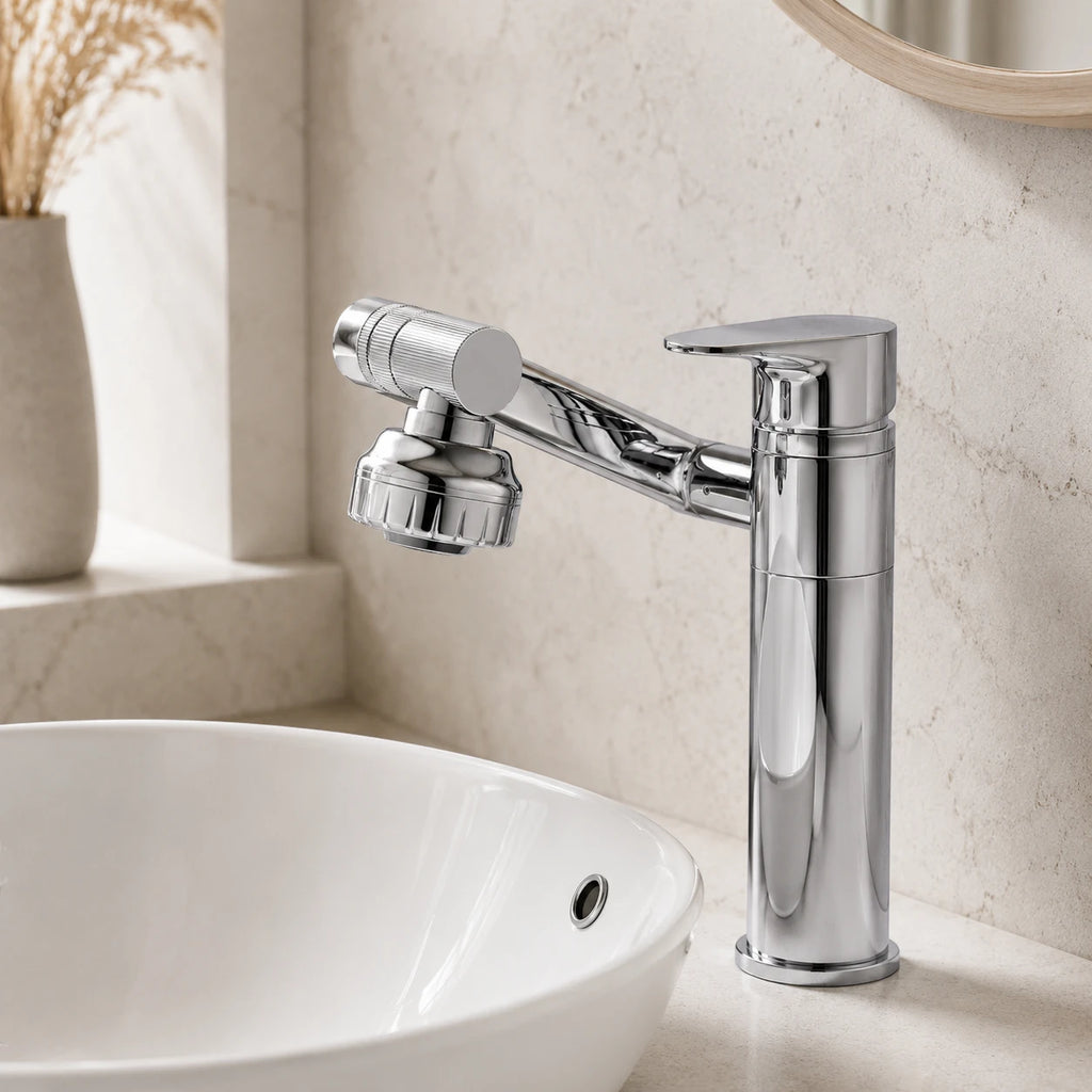Robinet lavabo salle de bain pivotant rotatif multijet - Argenté - Laiton
