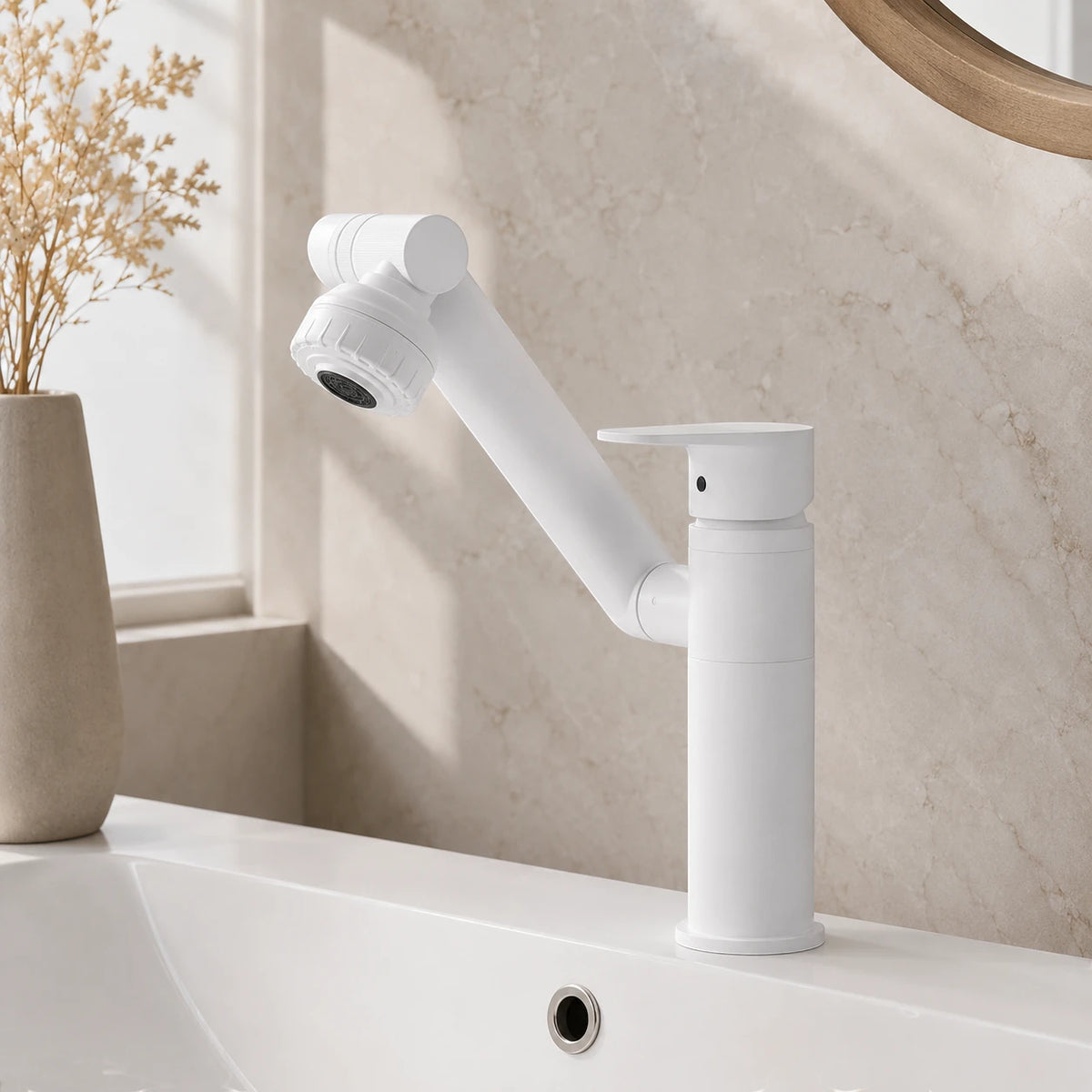 Robinet lavabo salle de bain pivotant rotatif multijet - Blanc - Laiton
