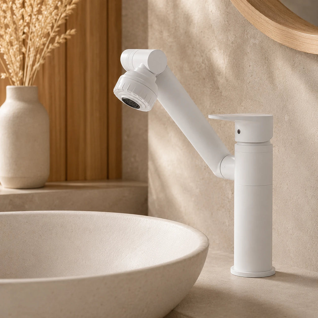 Robinet lavabo salle de bain pivotant rotatif multijet - Blanc - Laiton