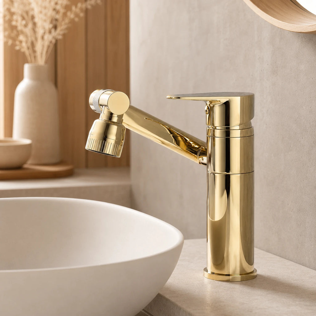 Robinet lavabo salle de bain pivotant rotatif multijet - Doré - Laiton
