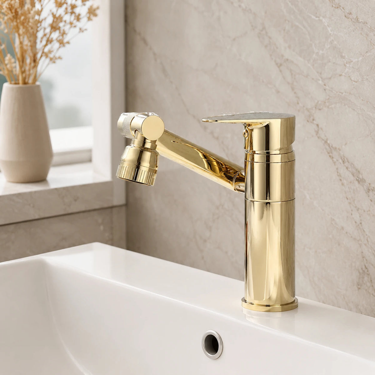 Robinet lavabo salle de bain pivotant rotatif multijet - Doré - Laiton