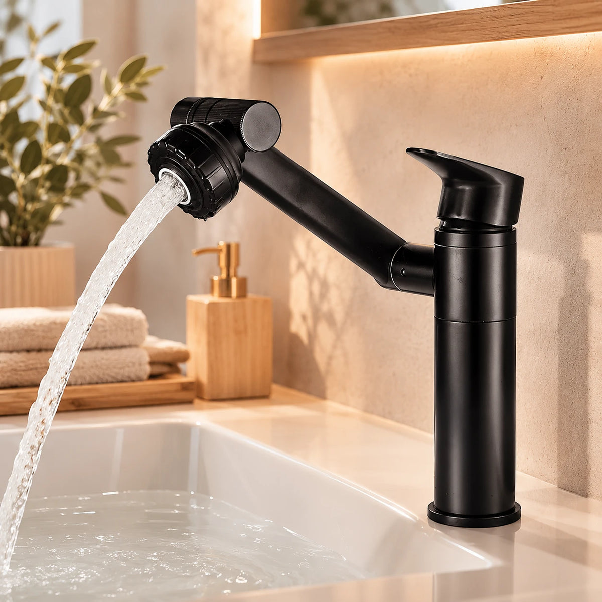 Robinet lavabo salle de bain pivotant rotatif multijet - Noir - Laiton