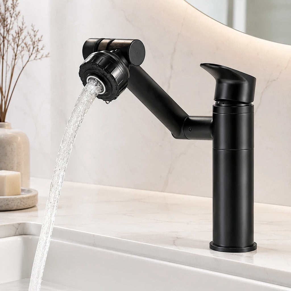 Robinet lavabo salle de bain pivotant rotatif multijet - Noir - Laiton