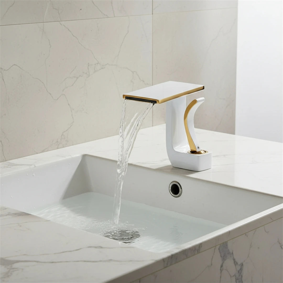 Robinet lavabo salle de bain plat géométrique mitigeur design - Blanc - Laiton