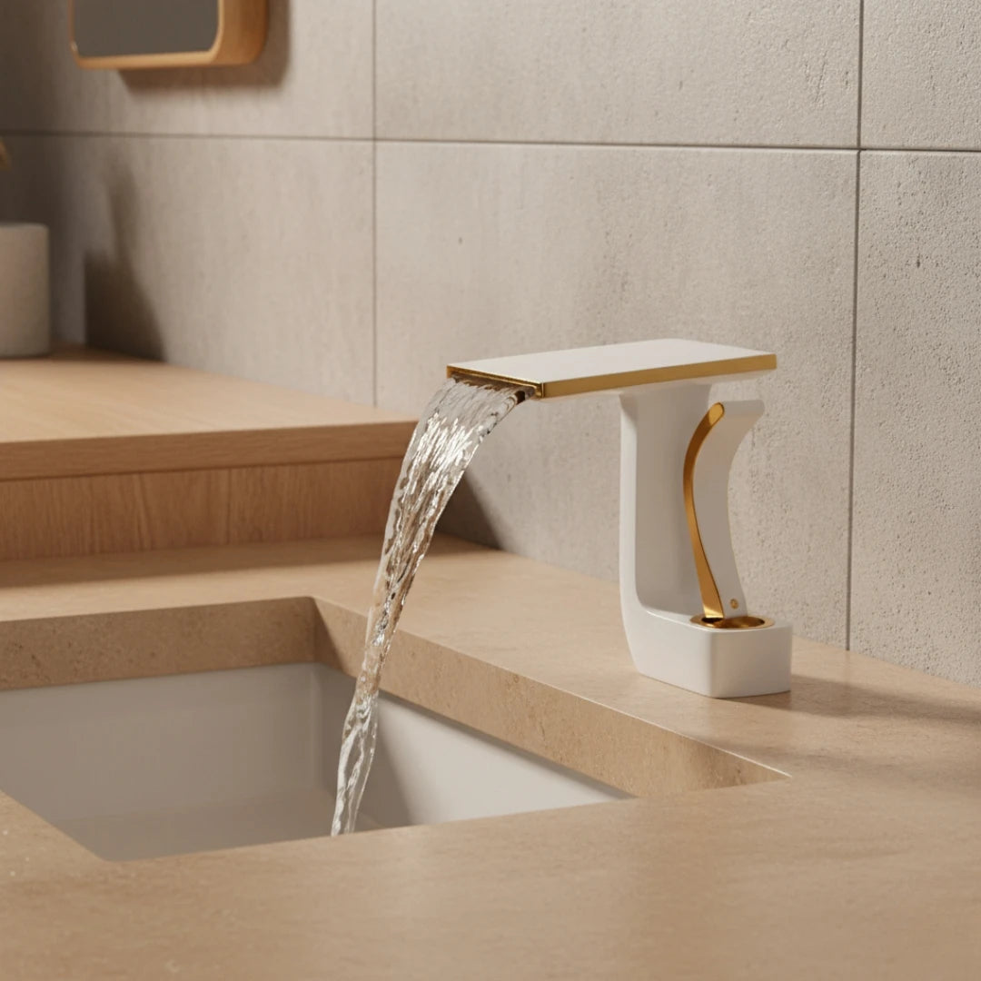Robinet lavabo salle de bain plat géométrique mitigeur design - Blanc - Laiton