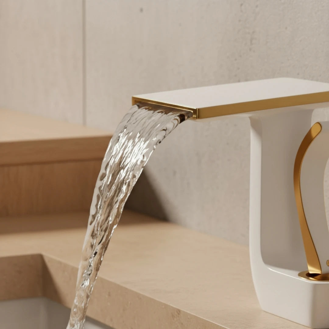 Robinet lavabo salle de bain plat géométrique mitigeur design - Blanc - Laiton
