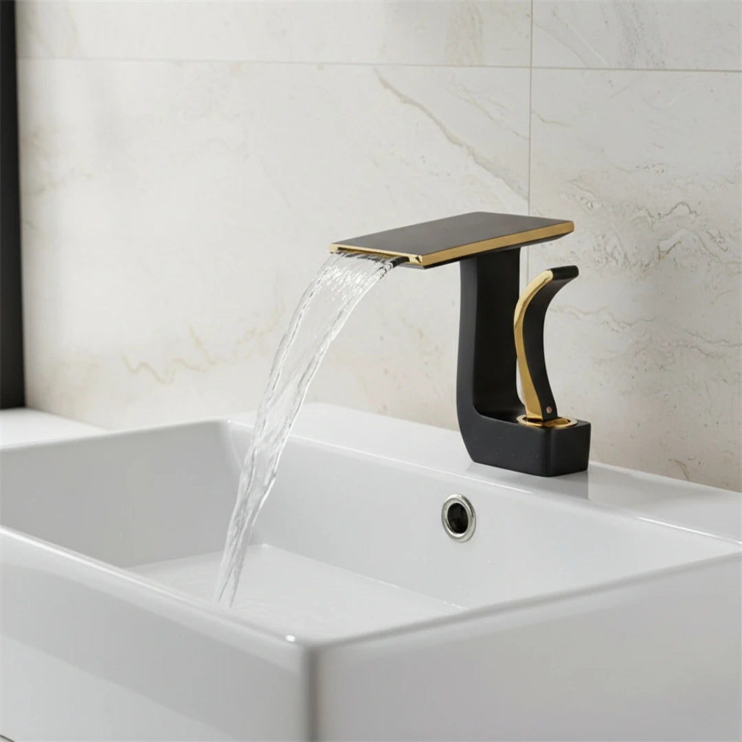 Robinet lavabo salle de bain plat géométrique mitigeur design - Noir - Laiton