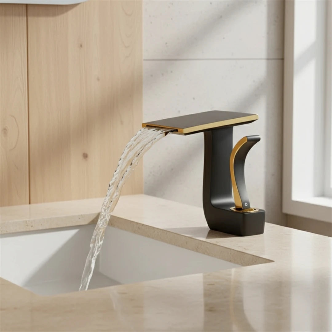 Robinet lavabo salle de bain plat géométrique mitigeur design - Noir - Laiton