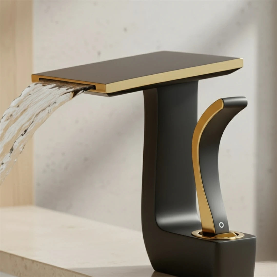 Robinet lavabo salle de bain plat géométrique mitigeur design - Noir - Laiton