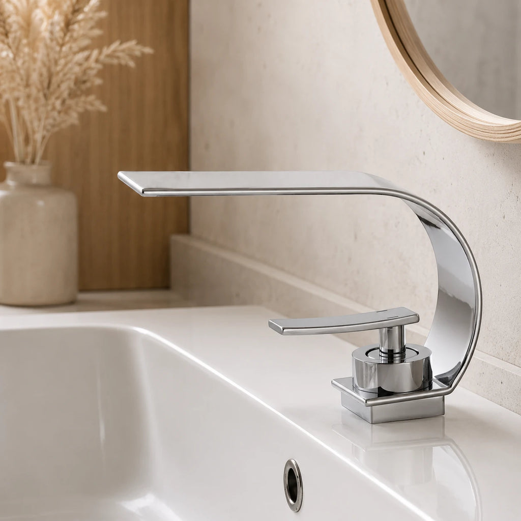 Robinet lavabo salle de bain plat incurvé - Argenté