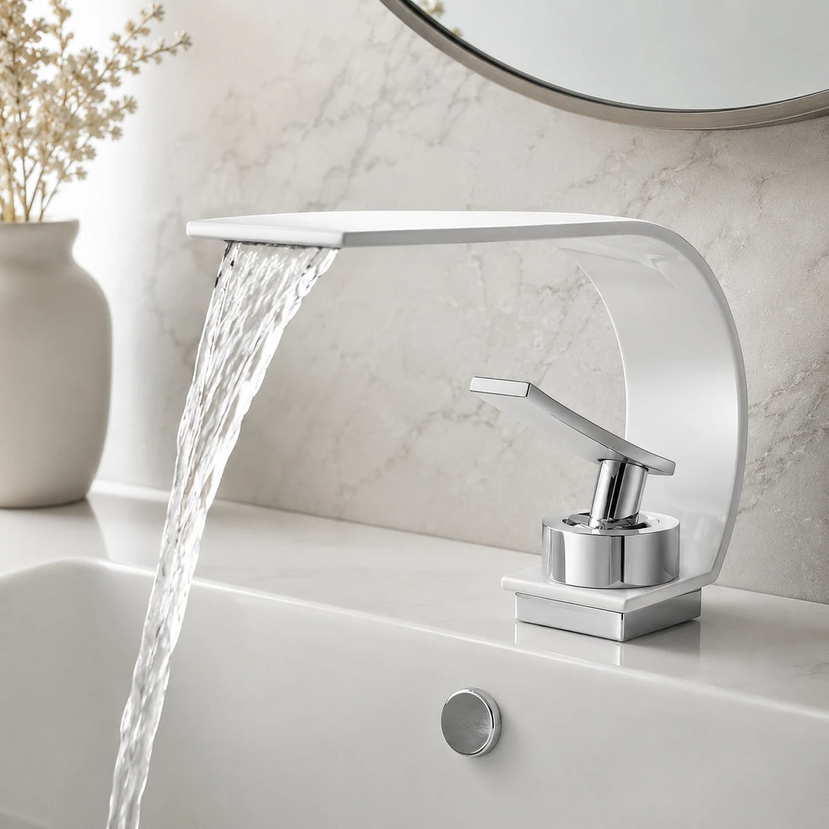 Robinet lavabo salle de bain plat incurvé - Blanc