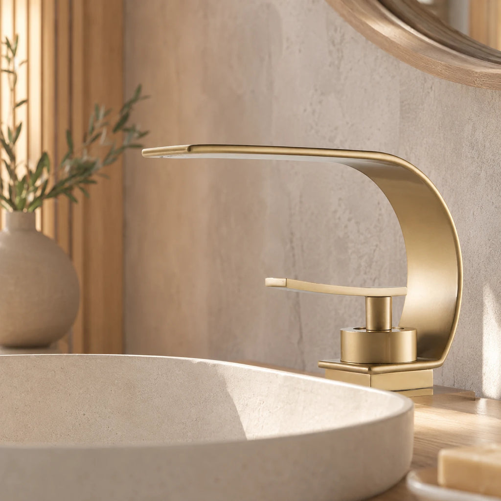 Robinet lavabo salle de bain plat incurvé - Doré