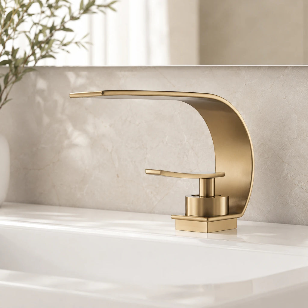 Robinet lavabo salle de bain plat incurvé - Doré