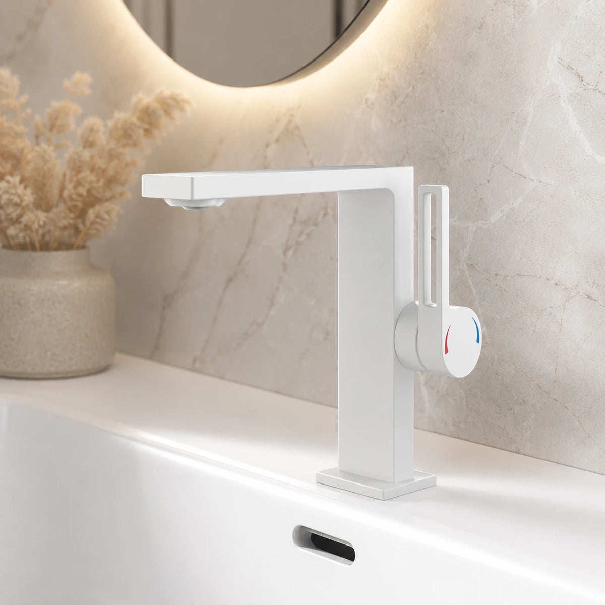 Robinet lavabo salle de bain plat rectangulaire minimaliste - Blanc - Laiton
