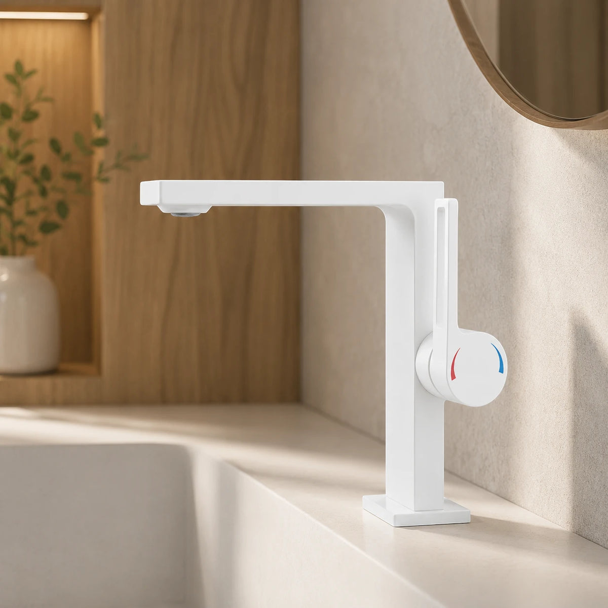 Robinet lavabo salle de bain plat rectangulaire minimaliste - Blanc - Laiton
