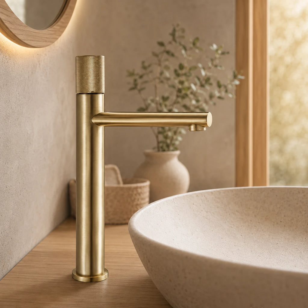 Robinet lavabo salle de bain poignée ronde travaillée - Doré brossé - Laiton