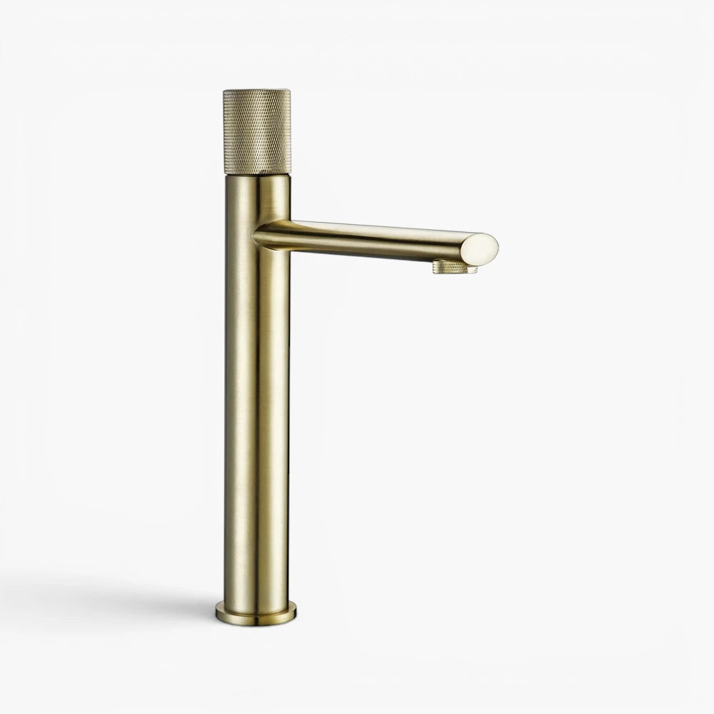 Robinet lavabo salle de bain poignée ronde travaillée - Doré brossé - Laiton