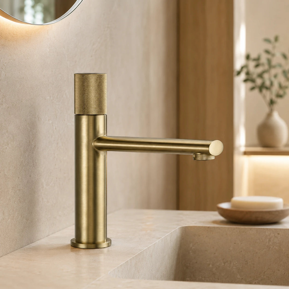 Robinet lavabo salle de bain poignée ronde travaillée - Doré brossé - Laiton