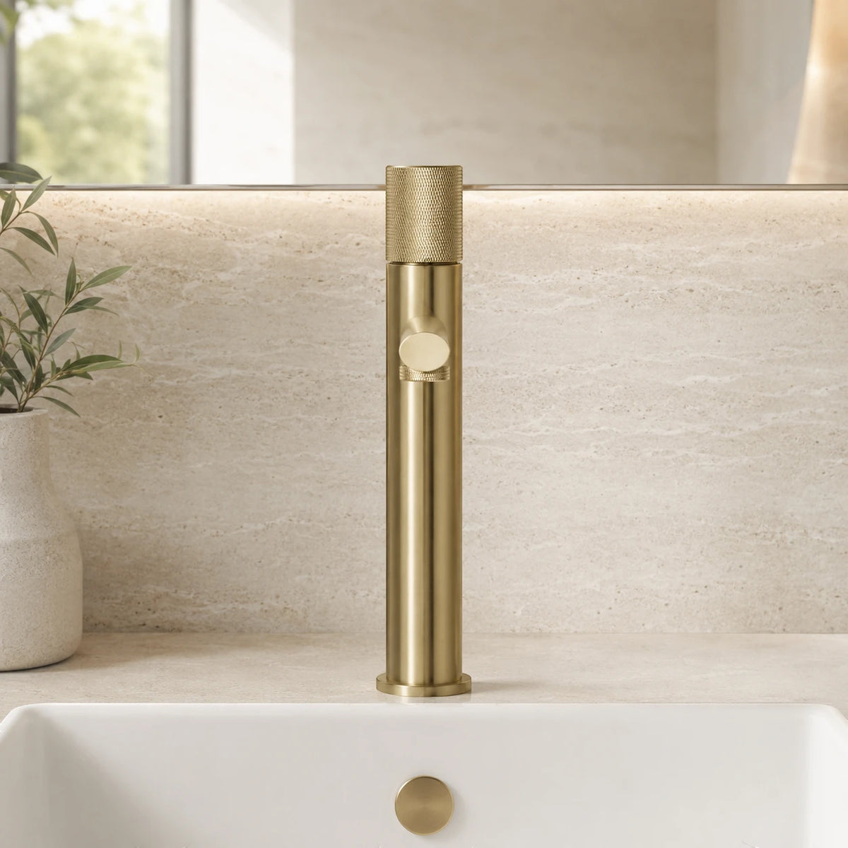 Robinet lavabo salle de bain poignée ronde travaillée - Doré brossé - Laiton