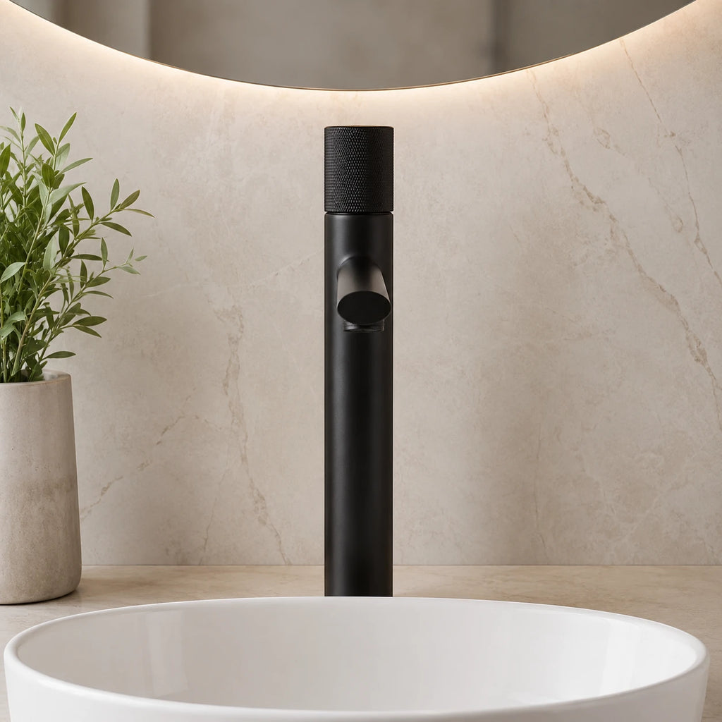 Robinet lavabo salle de bain poignée ronde travaillée - Noir - Laiton