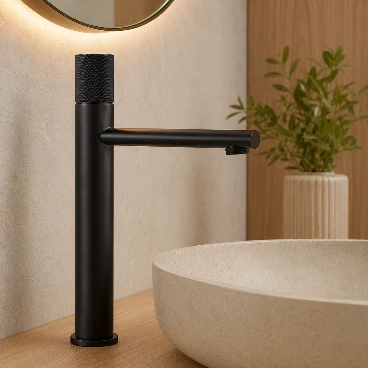 Robinet lavabo salle de bain poignée ronde travaillée - Noir - Laiton