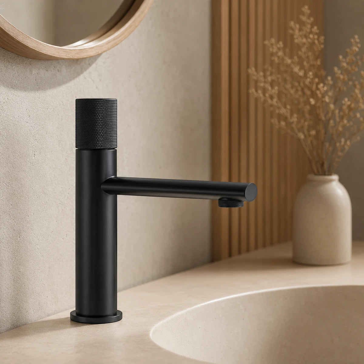 Robinet lavabo salle de bain poignée ronde travaillée - Noir - Laiton