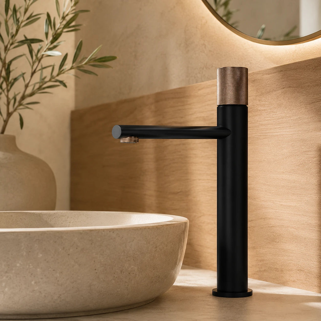 Robinet lavabo salle de bain poignée ronde travaillée - Noir / Doré rose - Laiton