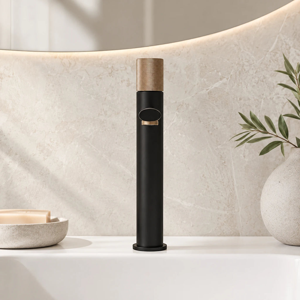 Robinet lavabo salle de bain poignée ronde travaillée - Noir / Doré rose - Laiton