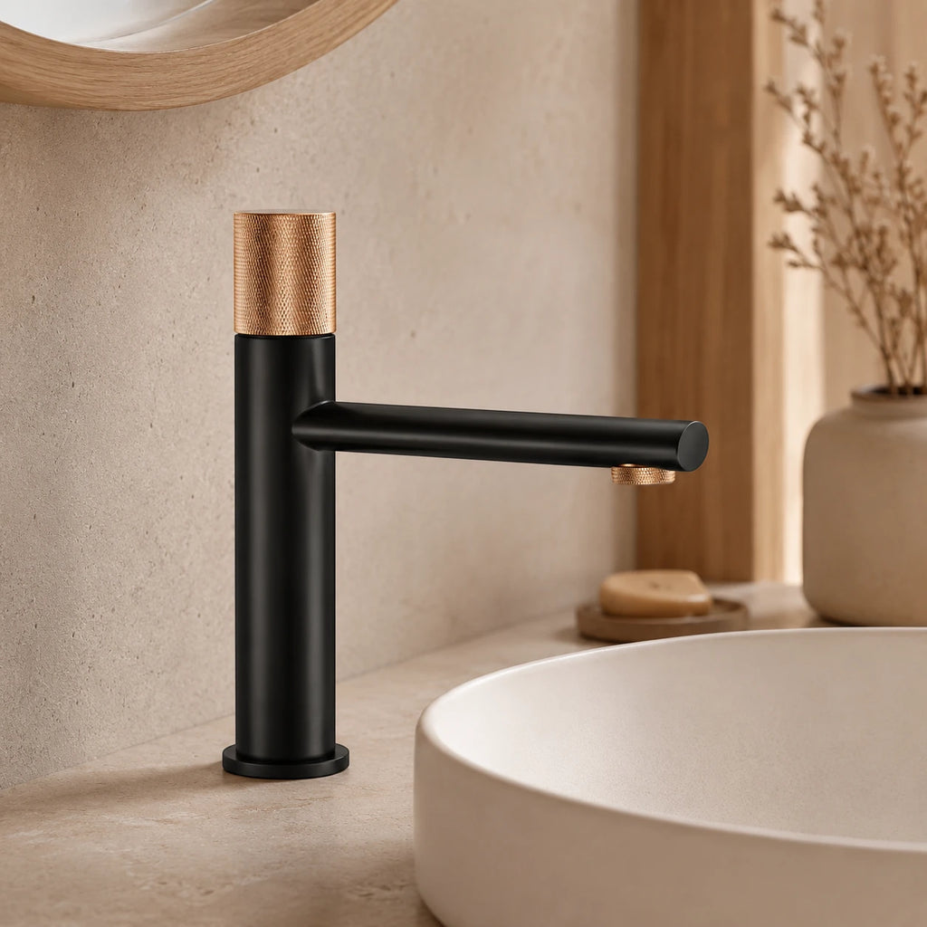 Robinet lavabo salle de bain poignée ronde travaillée - Noir / Doré rose - Laiton