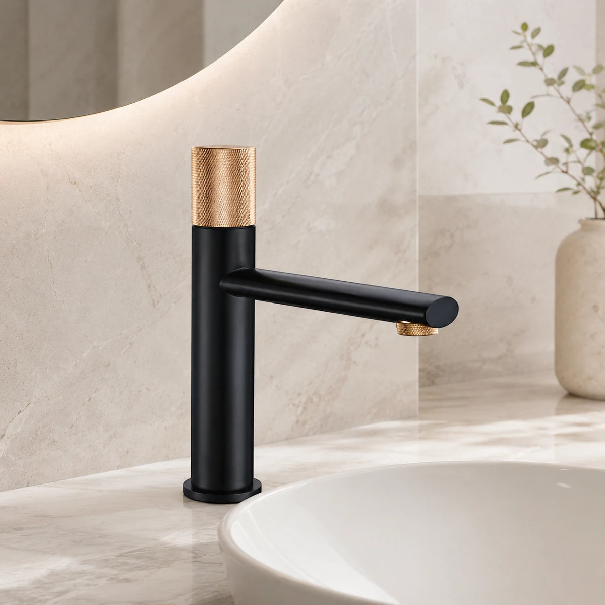 Robinet lavabo salle de bain poignée ronde travaillée - Noir / Doré rose - Laiton