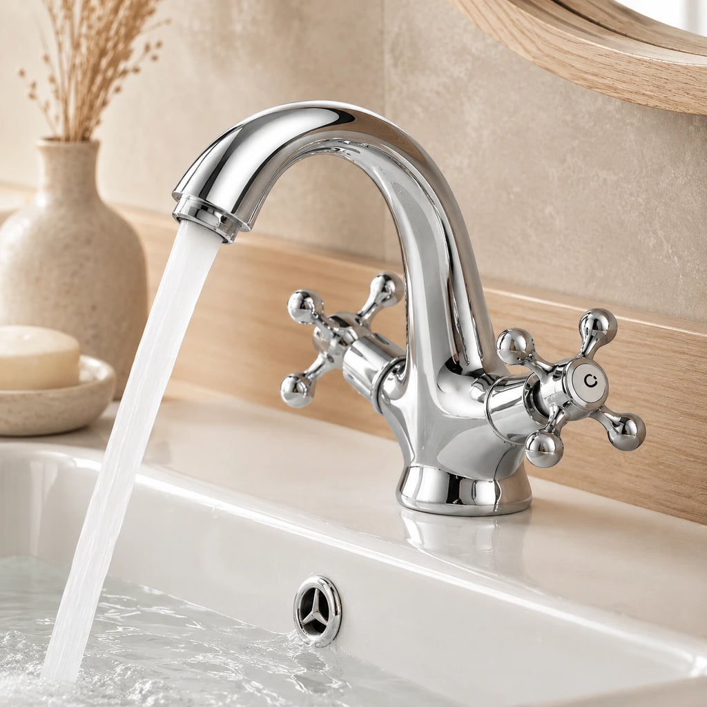 Robinet lavabo salle de bain rétro double poignées - Argenté - Laiton
