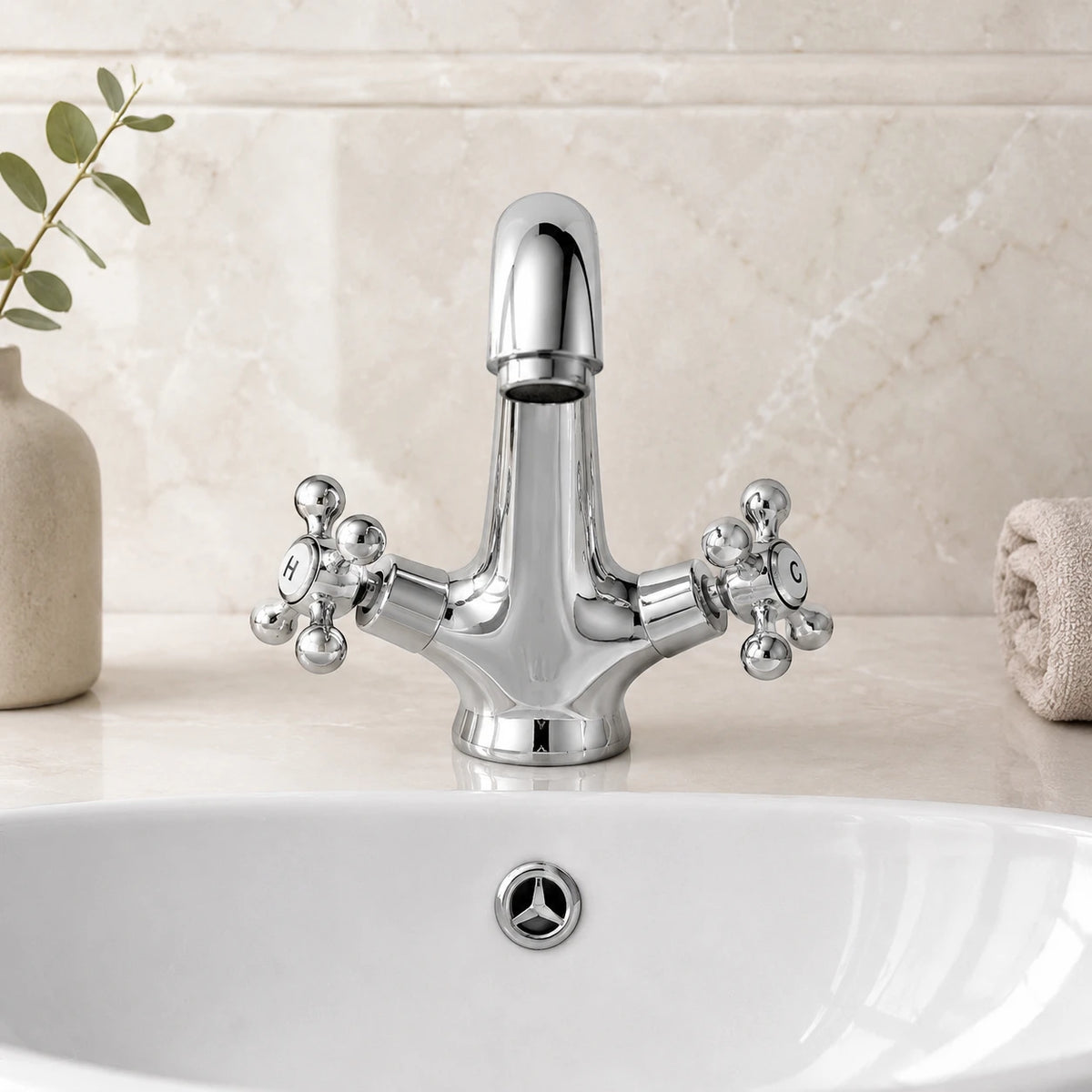 Robinet lavabo salle de bain rétro double poignées - Argenté - Laiton