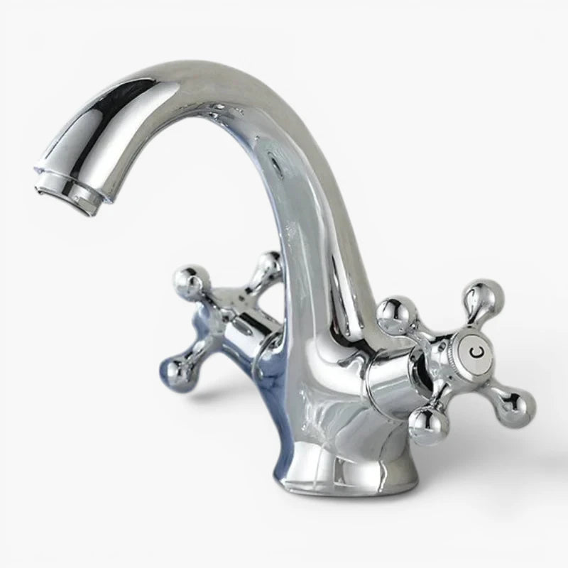 Robinet lavabo salle de bain rétro double poignées - Argenté - Laiton