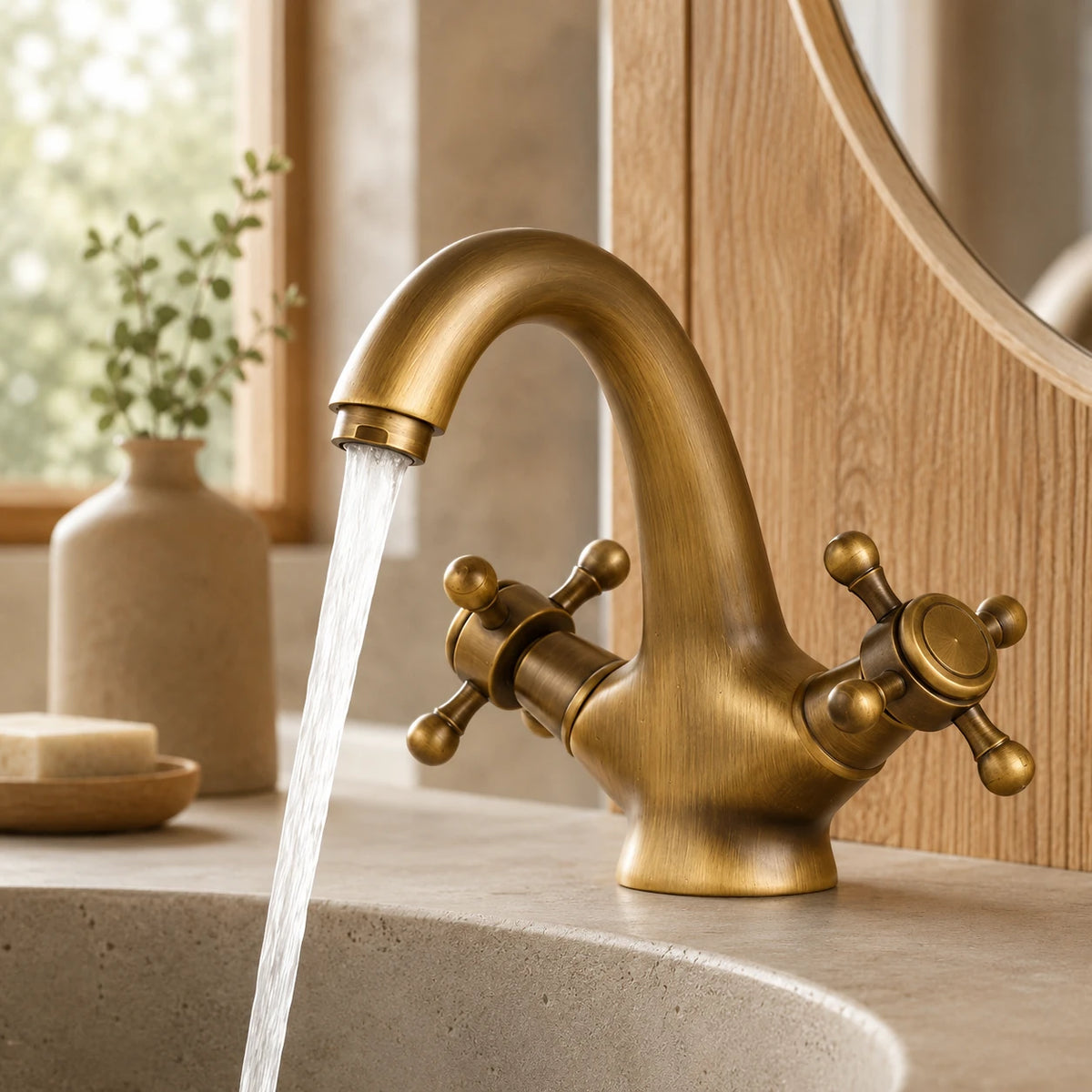 Robinet lavabo salle de bain rétro double poignées - Bronze - Laiton