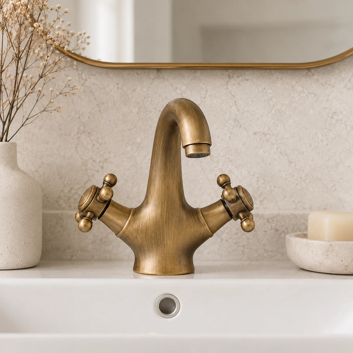 Robinet lavabo salle de bain rétro double poignées - Bronze - Laiton