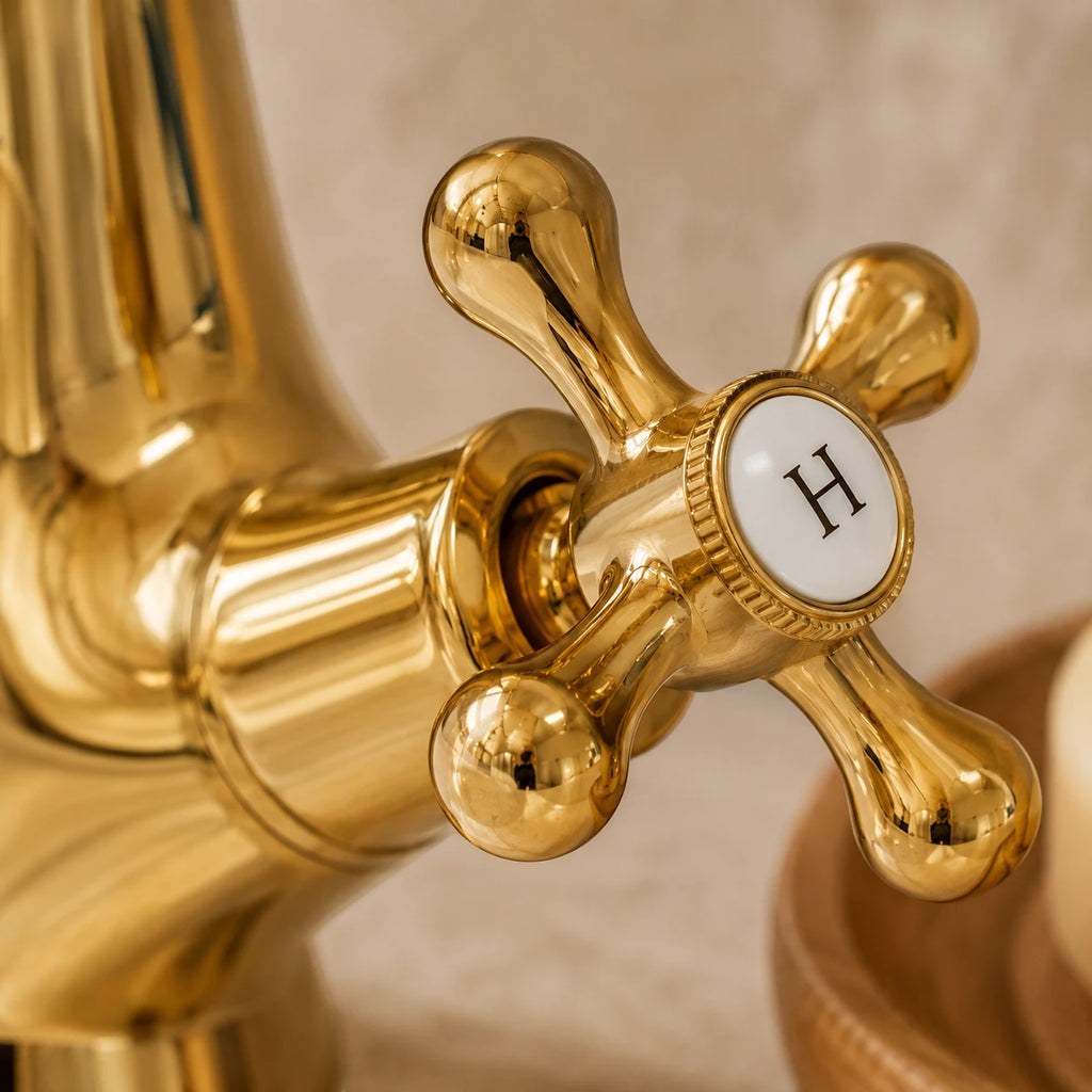 Robinet lavabo salle de bain rétro double poignées - Doré - Laiton