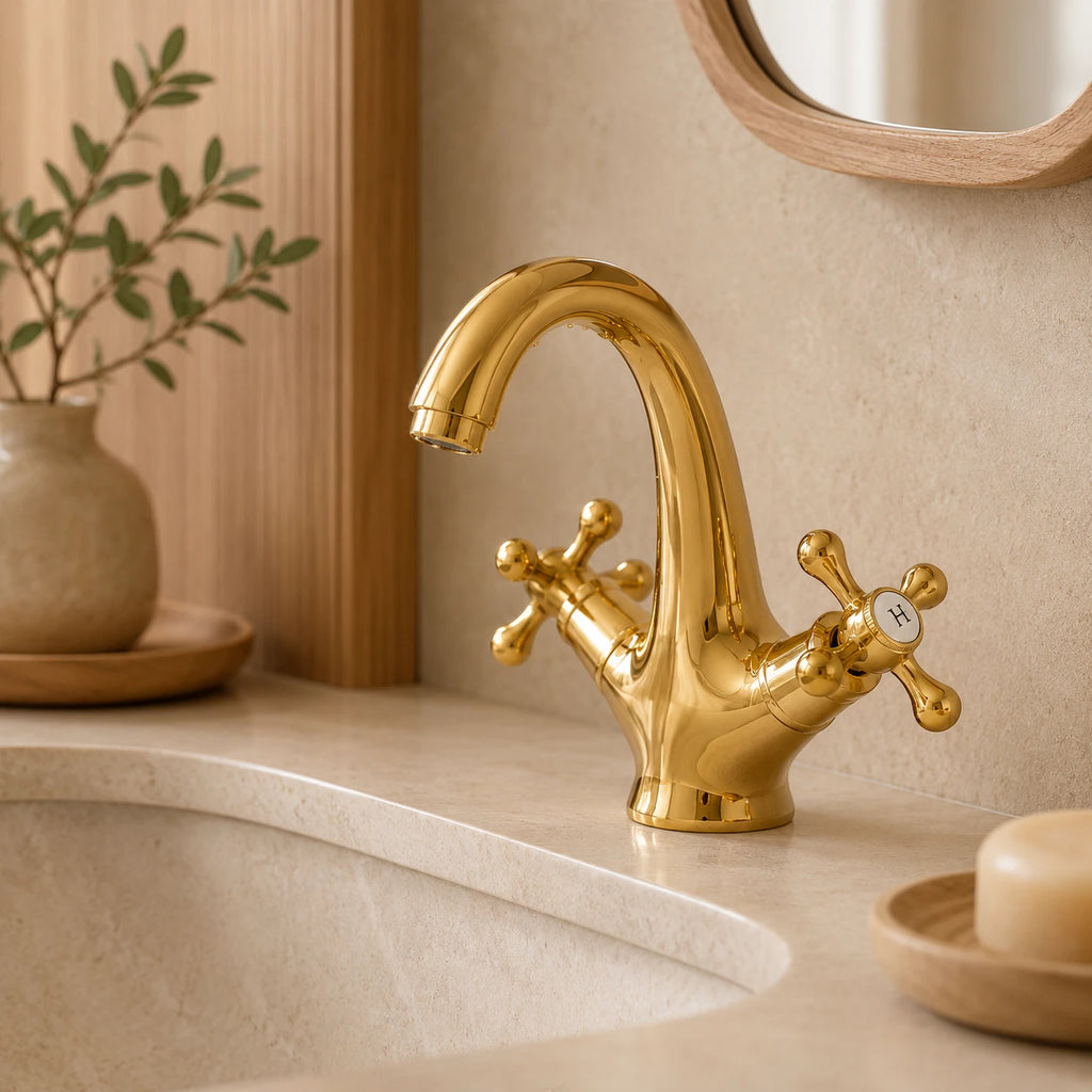 Robinet lavabo salle de bain rétro double poignées - Doré - Laiton