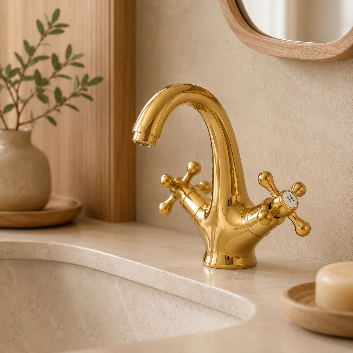 Robinet lavabo salle de bain rétro double poignées - Doré - Laiton