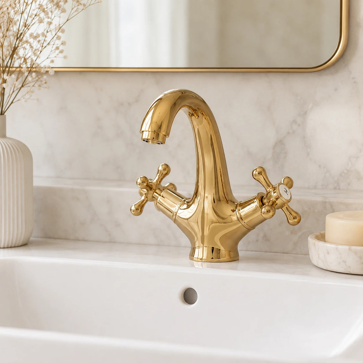 Robinet lavabo salle de bain rétro double poignées - Doré - Laiton