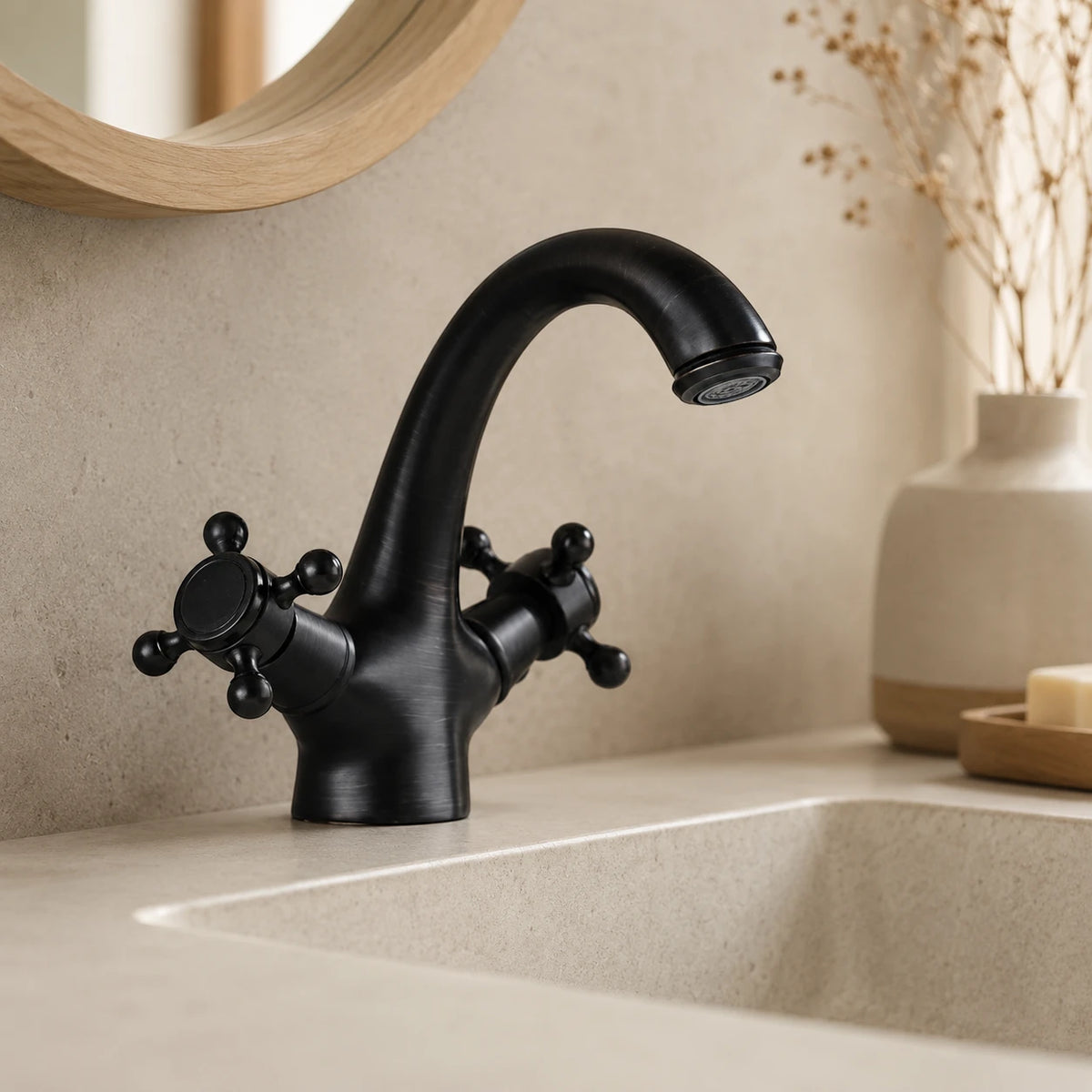 Robinet lavabo salle de bain rétro double poignées - Noir - Laiton