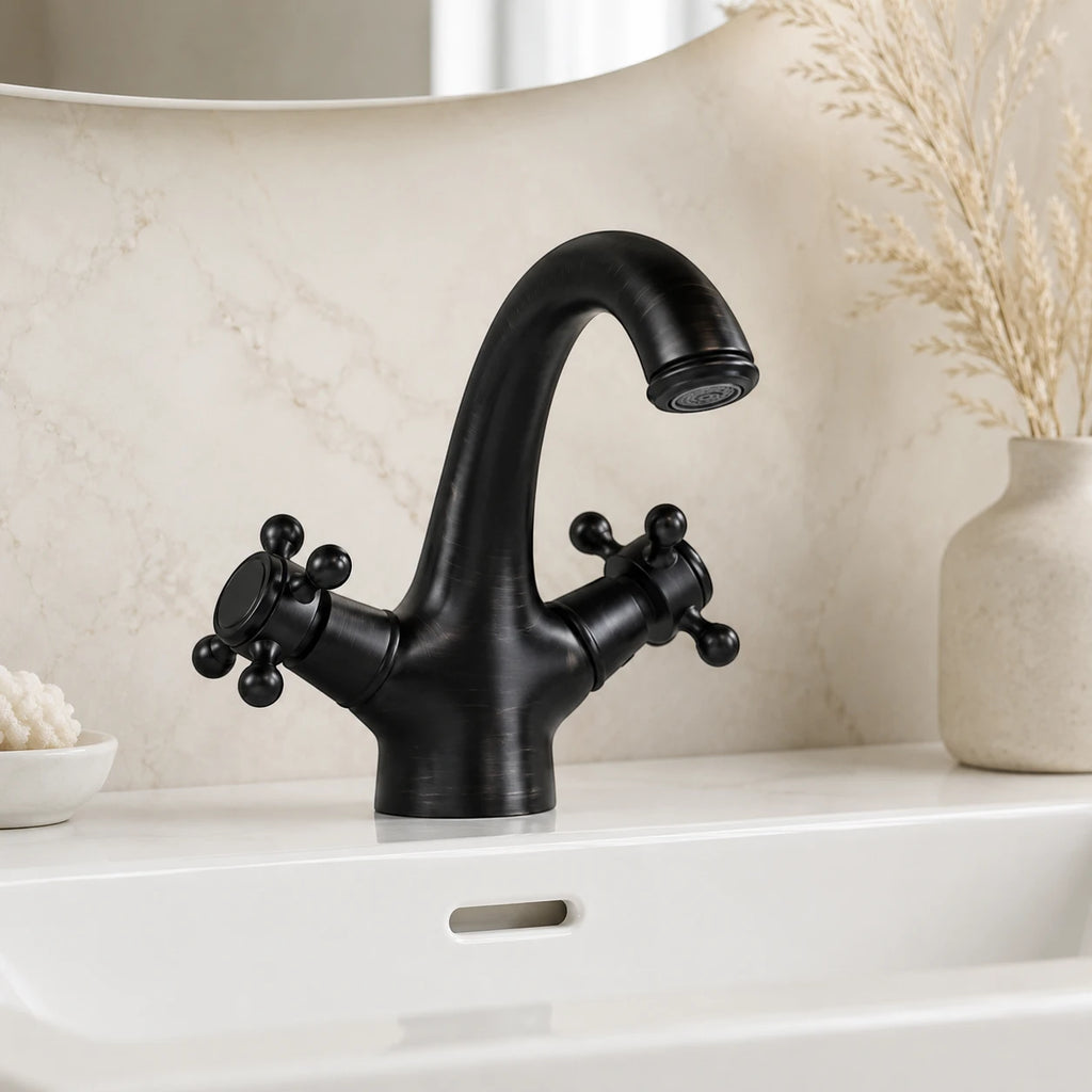 Robinet lavabo salle de bain rétro double poignées - Noir - Laiton