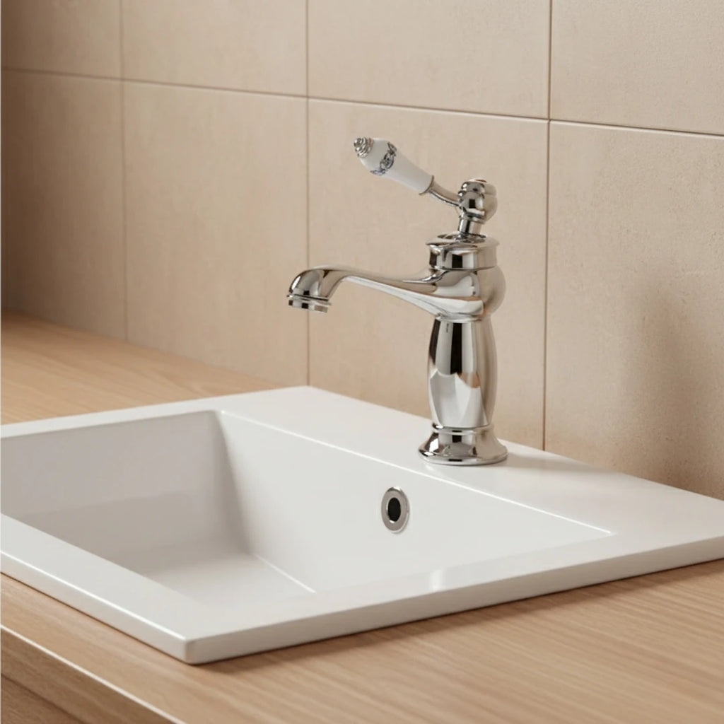 Robinet lavabo salle de bain rétro poignée céramique - Argenté - Laiton